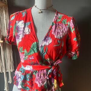 Red floral wrap top